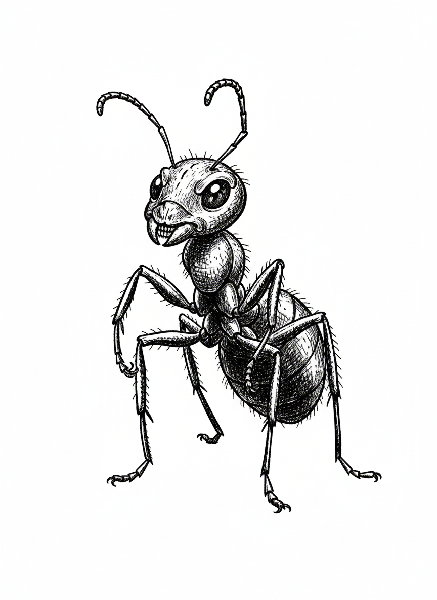 March the Ant - Black & White Illustration