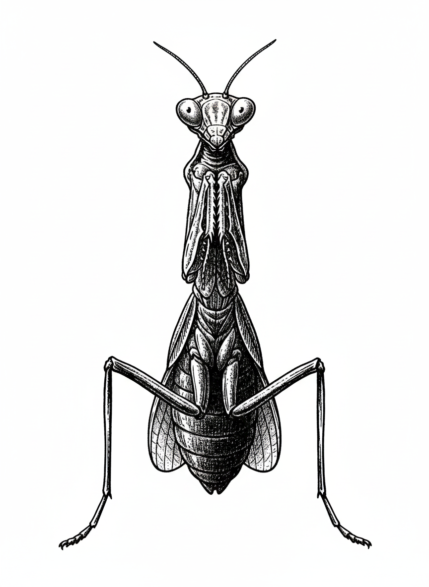 Praying the Mantis - Black & White Illustration