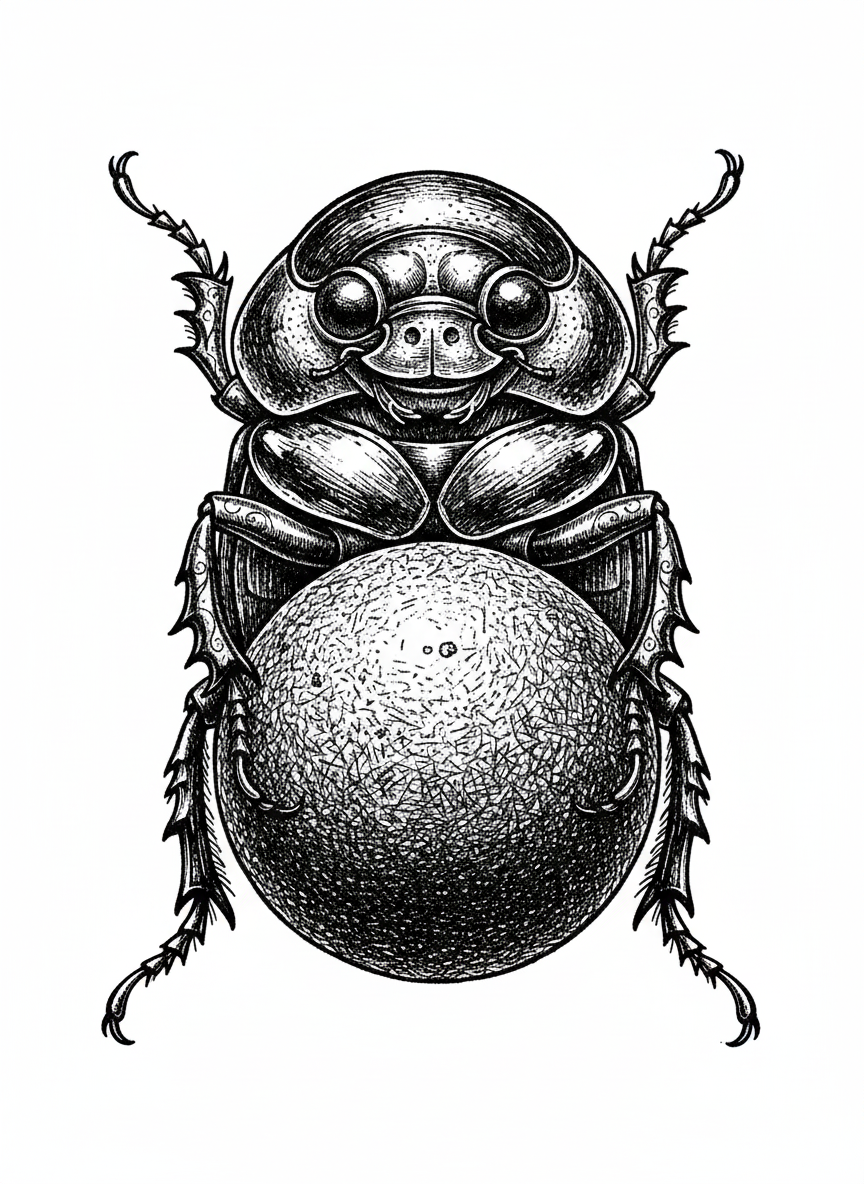 Scarab the Beetle - Black & White Illustration