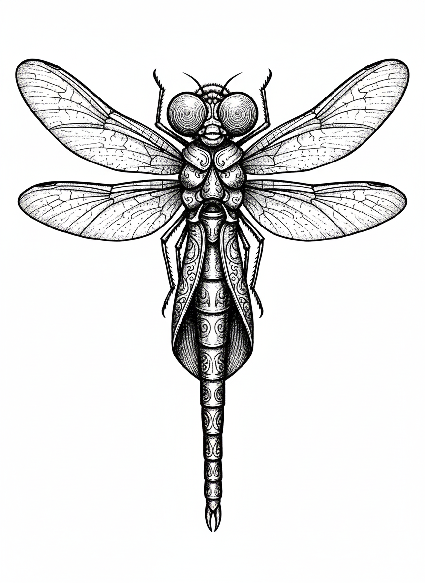 Dragonfly the Hunter - Black & White Illustration
