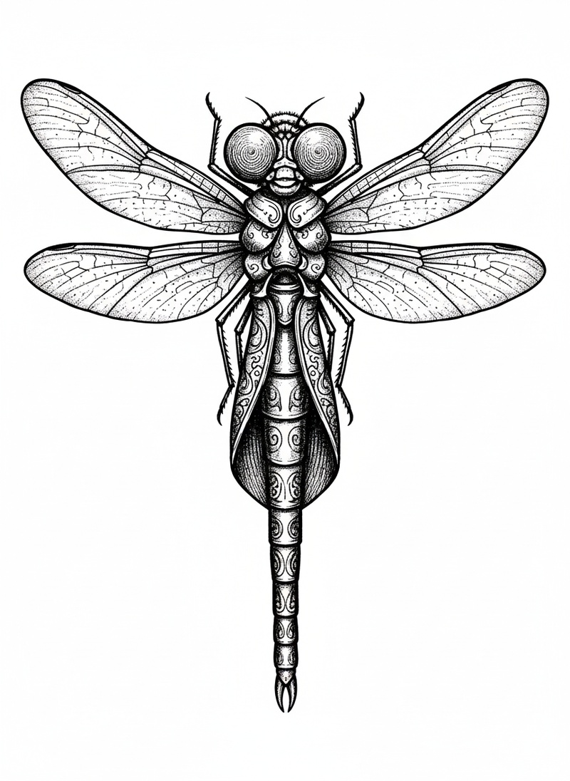 Dragonfly the Hunter in Victorian Illustration - Black & White Illustration