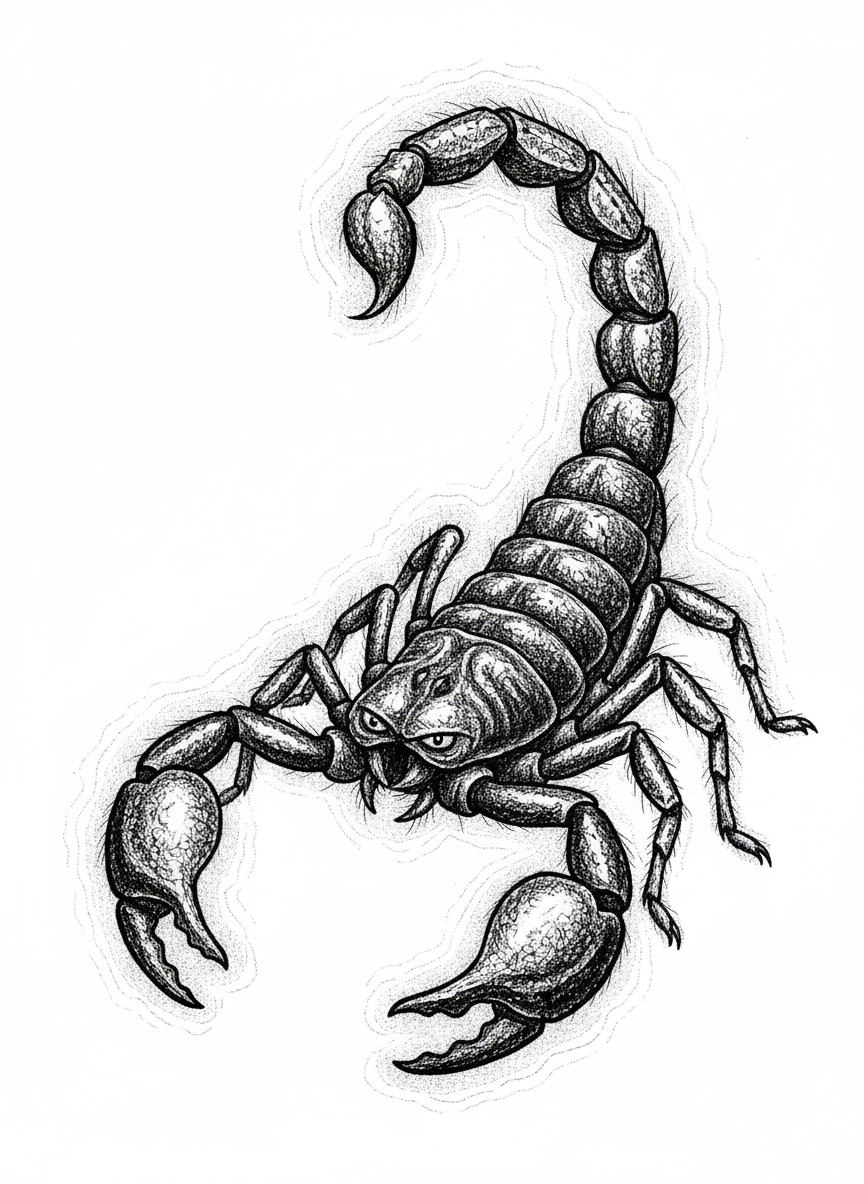Scorpio the Desert Scorpion - Black & White Illustration