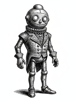 Sparky the Robot Helper in Victorian Illustration - Black & White Illustration