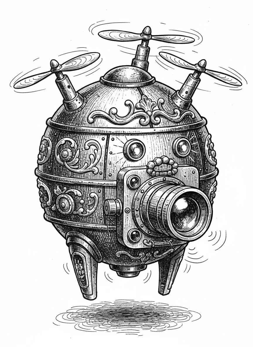 Buzz the Space Drone - Black & White Illustration