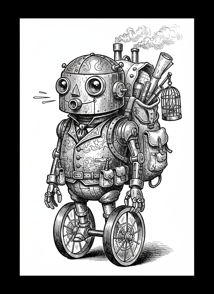 Beep the Robot Companion - Black & White Illustration