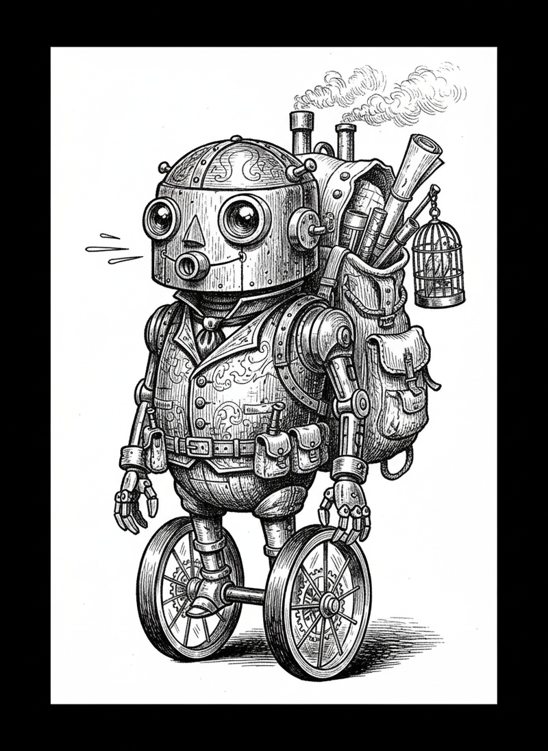 Beep the Robot Companion in Victorian Illustration - Black & White Illustration