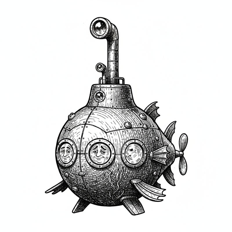 Splash the Mini Submarine in Victorian Illustration - Black & White Illustration