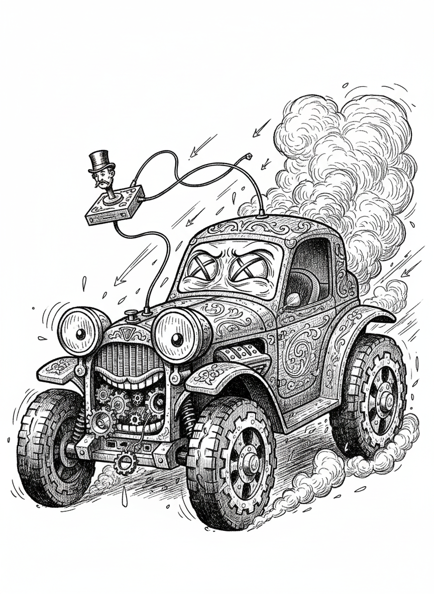Zippy the RC Car - Black & White Illustration