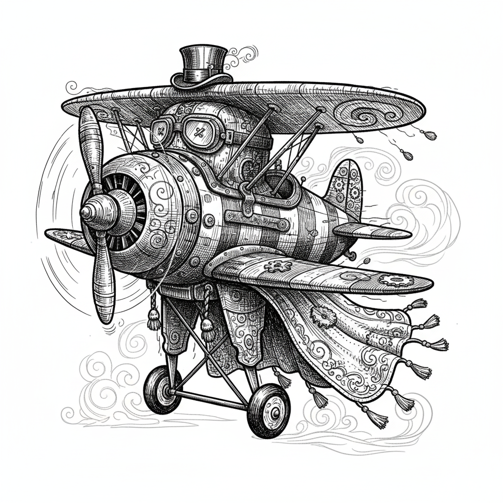 Sky the Toy Plane - Black & White Illustration