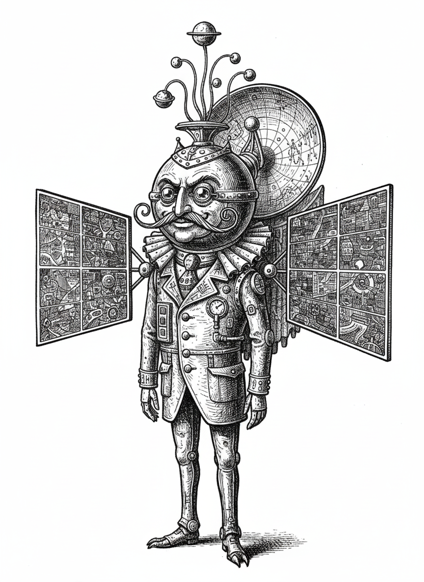 Rocket the Space Probe - Black & White Illustration