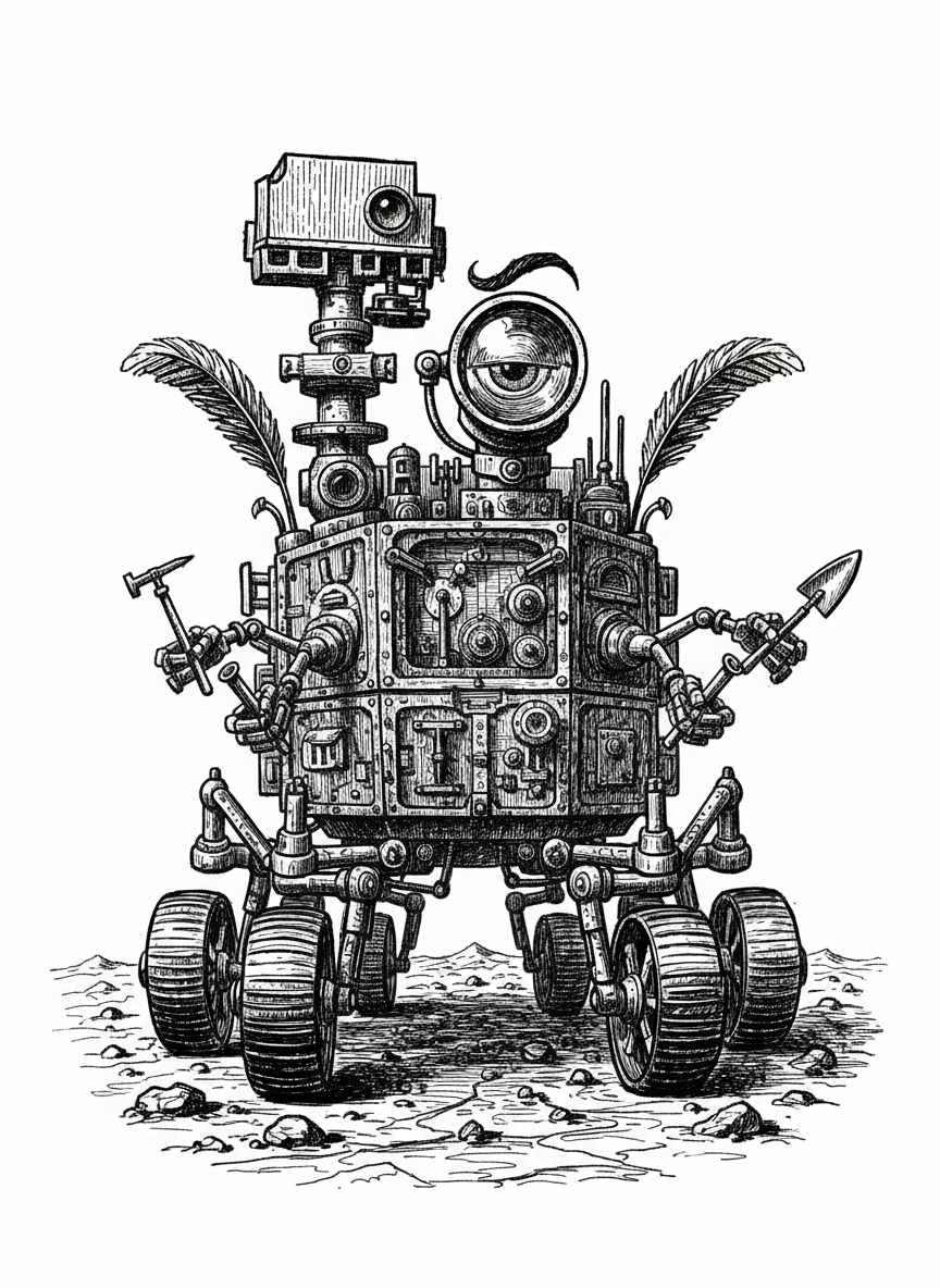 Rover the Mars Explorer - Black & White Illustration