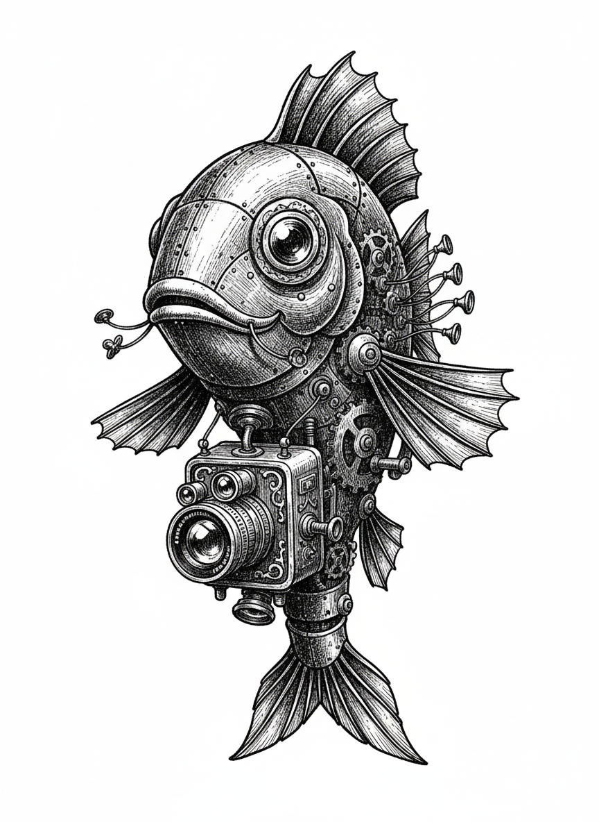 Float the Robot Fish - Black & White Illustration