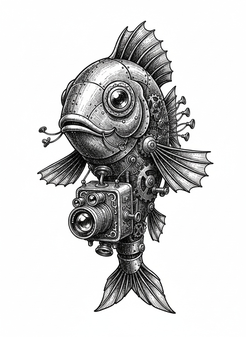 Float the Robot Fish in Victorian Illustration - Black & White Illustration