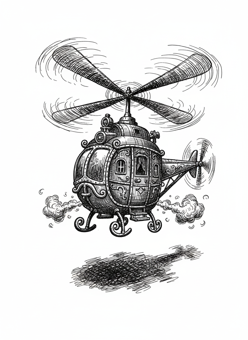 Soar the Toy Helicopter - Black & White Illustration