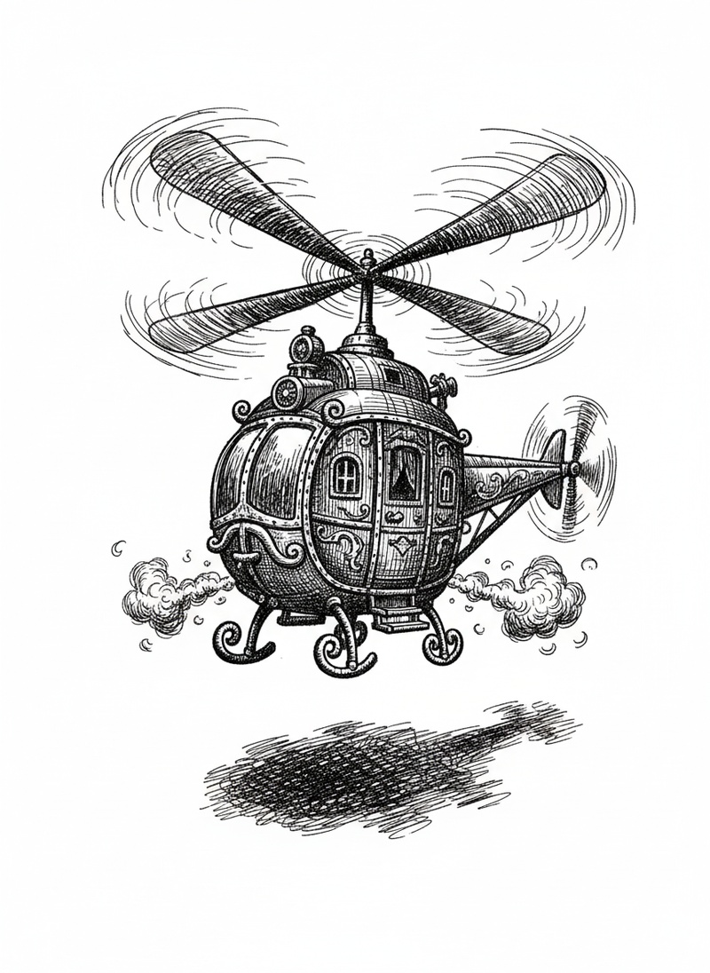 Soar the Toy Helicopter in Victorian Illustration - Black & White Illustration