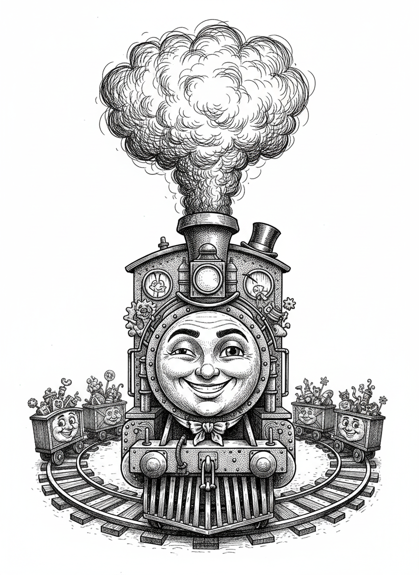 Chugga the Toy Train - Black & White Illustration