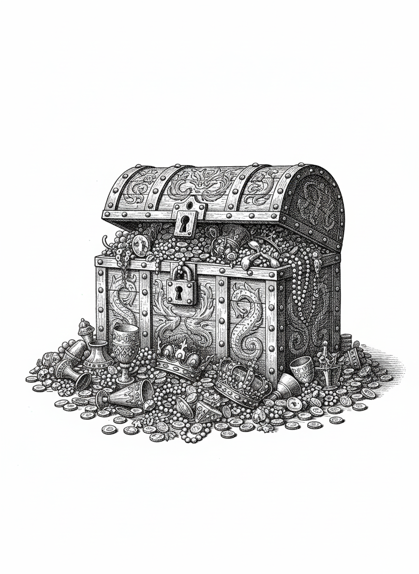 Treasure Chest of Gold - Black & White Illustration