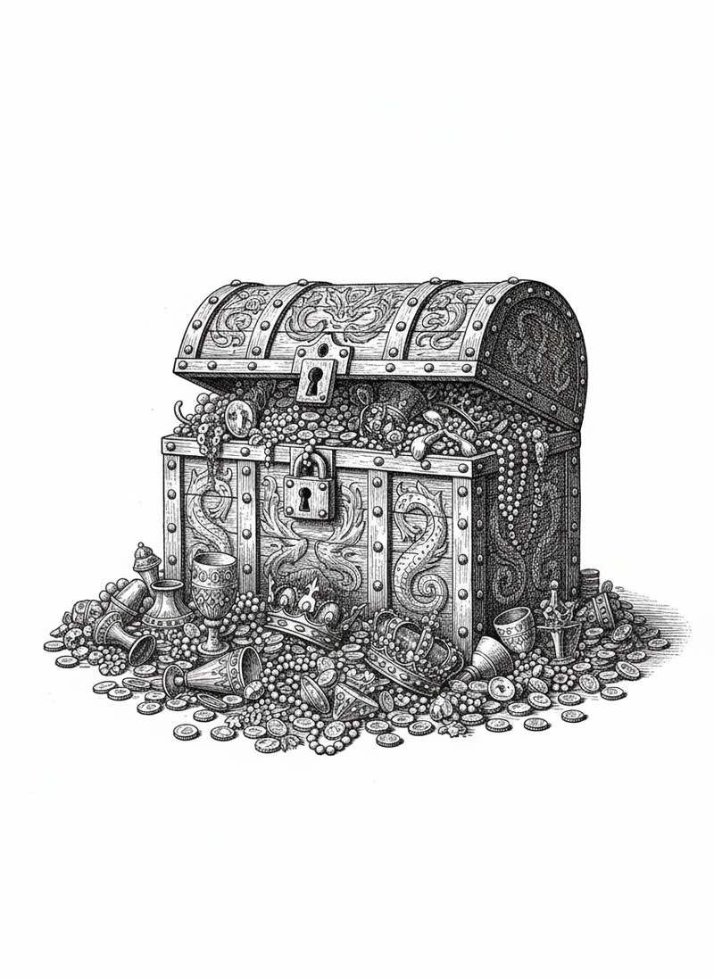 Treasure Chest of Gold in Victorian Illustration - Black & White Illustration