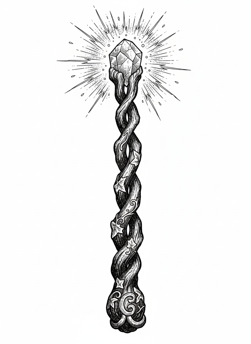 Ancient Magic Wand - Black & White Illustration