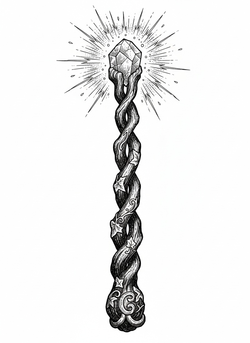 Ancient Magic Wand in Victorian Illustration - Black & White Illustration