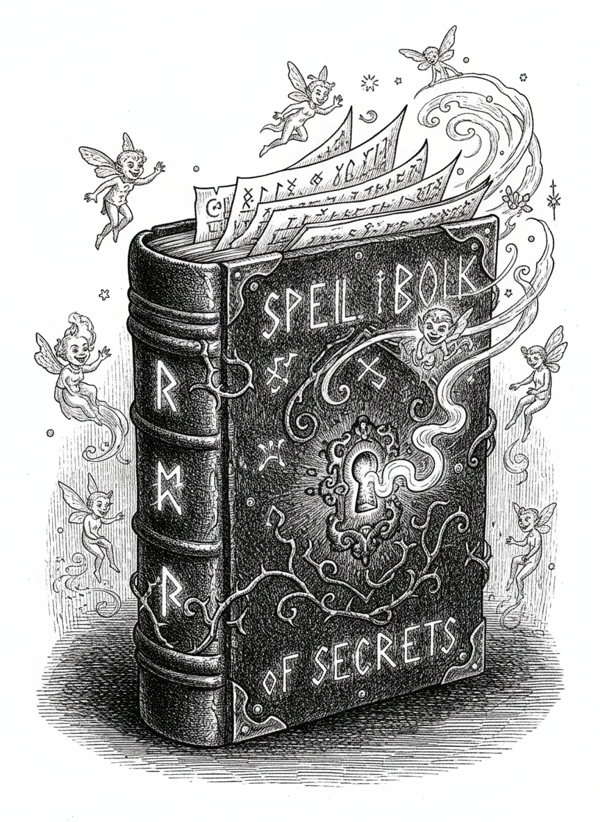 Spell Book of Secrets - Black & White Illustration