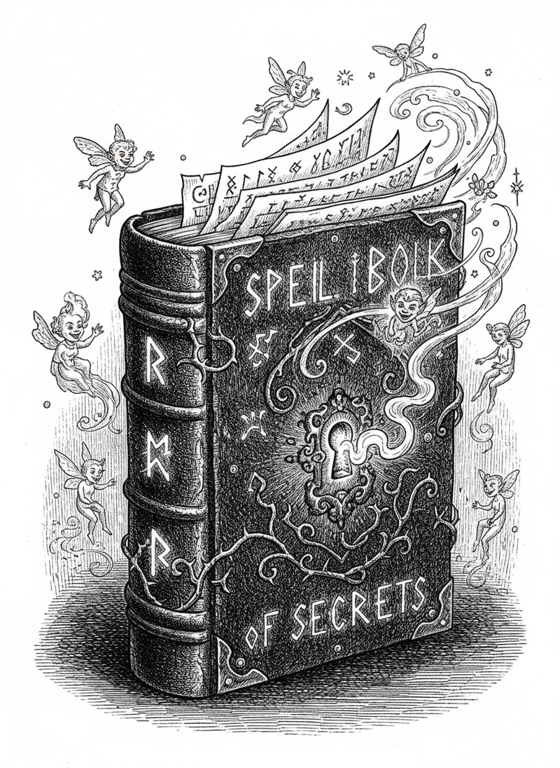 Spell Book of Secrets in Victorian Illustration - Black & White Illustration