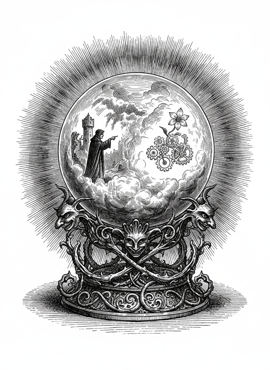 Crystal Ball of Visions - Black & White Illustration