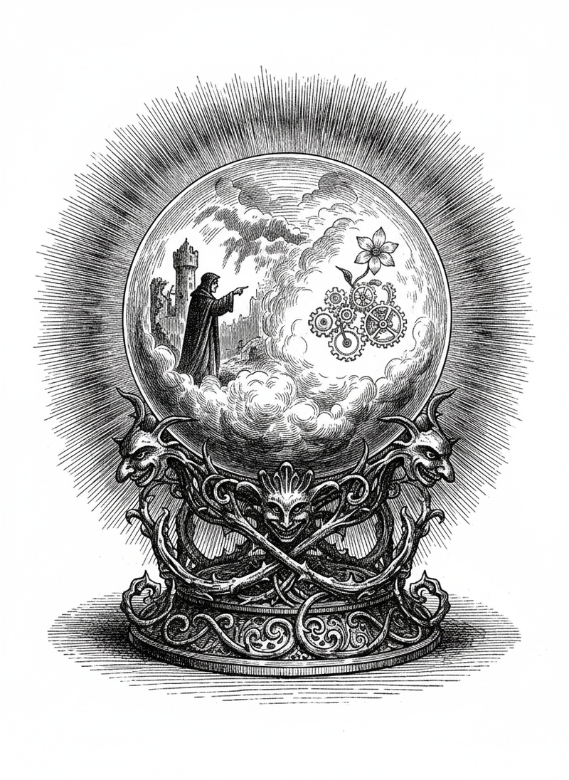 Crystal Ball of Visions in Victorian Illustration - Black & White Illustration