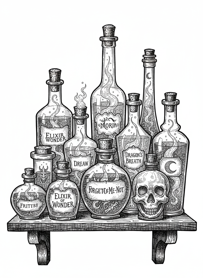 Magic Potion Bottles - Black & White Illustration
