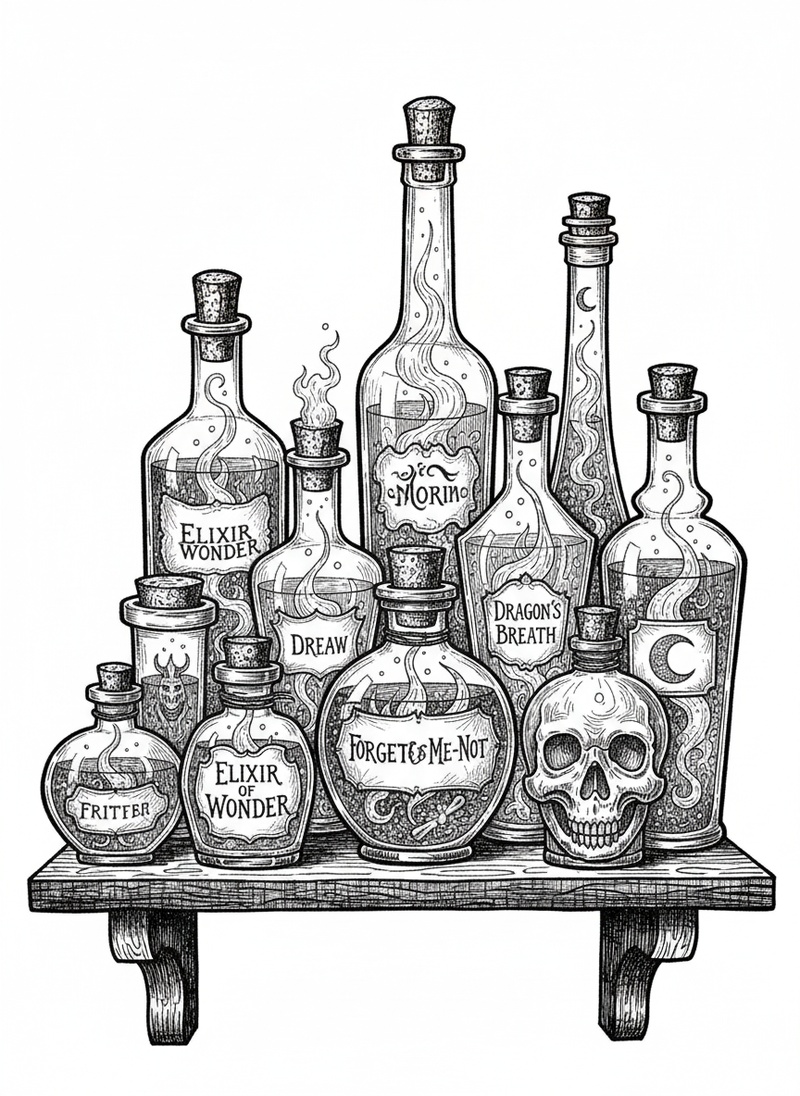 Magic Potion Bottles in Victorian Illustration - Black & White Illustration