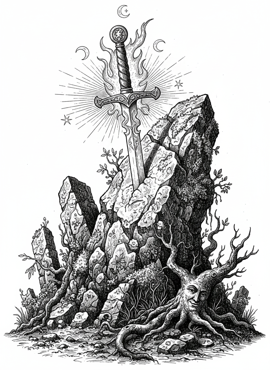 Enchanted Sword in Stone - Black & White Illustration