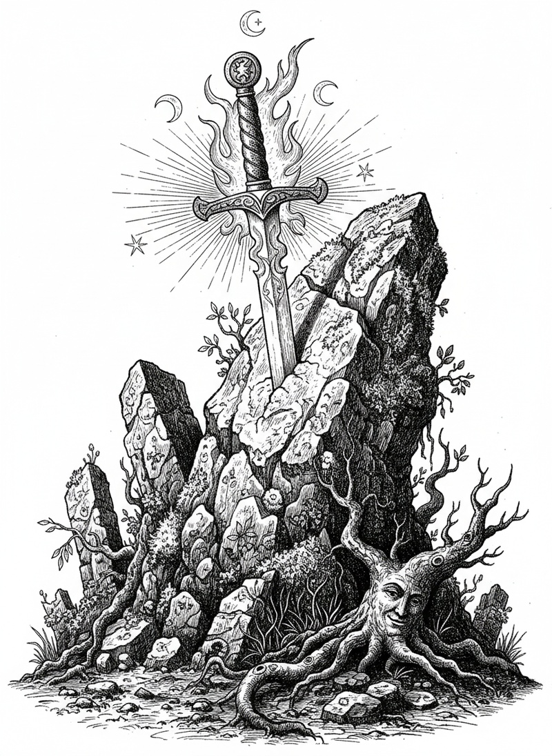 Enchanted Sword in Stone in Victorian Illustration - Black & White Illustration
