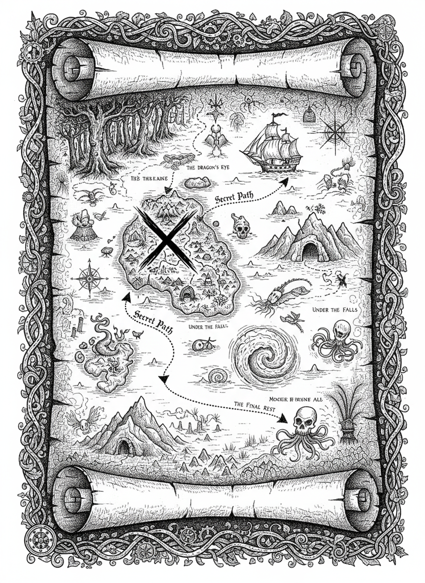 Ancient Map to Treasure - Black & White Illustration