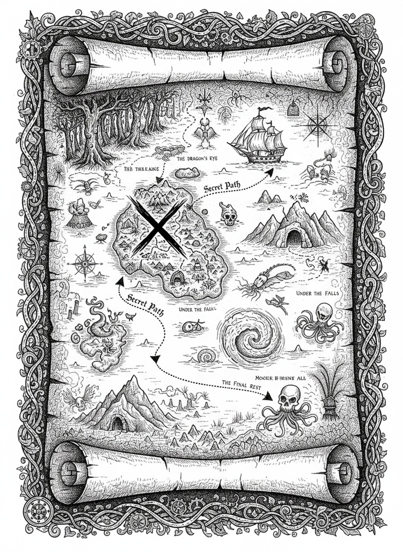 Ancient Map to Treasure in Victorian Illustration - Black & White Illustration
