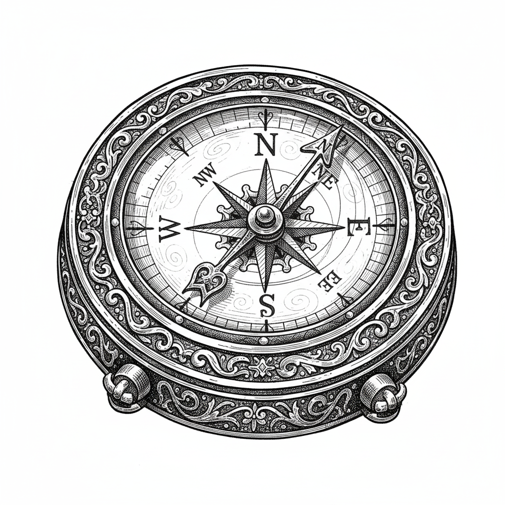 Explorer's Compass - Black & White Illustration
