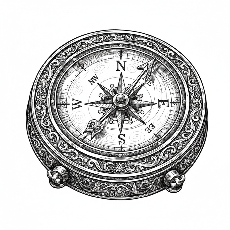Explorer's Compass in Victorian Illustration - Black & White Illustration