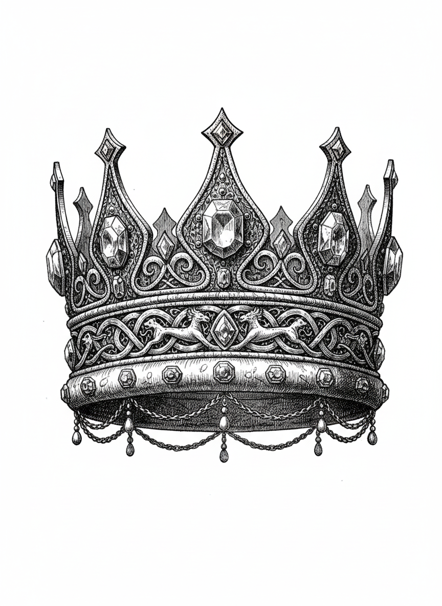 Ancient Golden Crown - Black & White Illustration