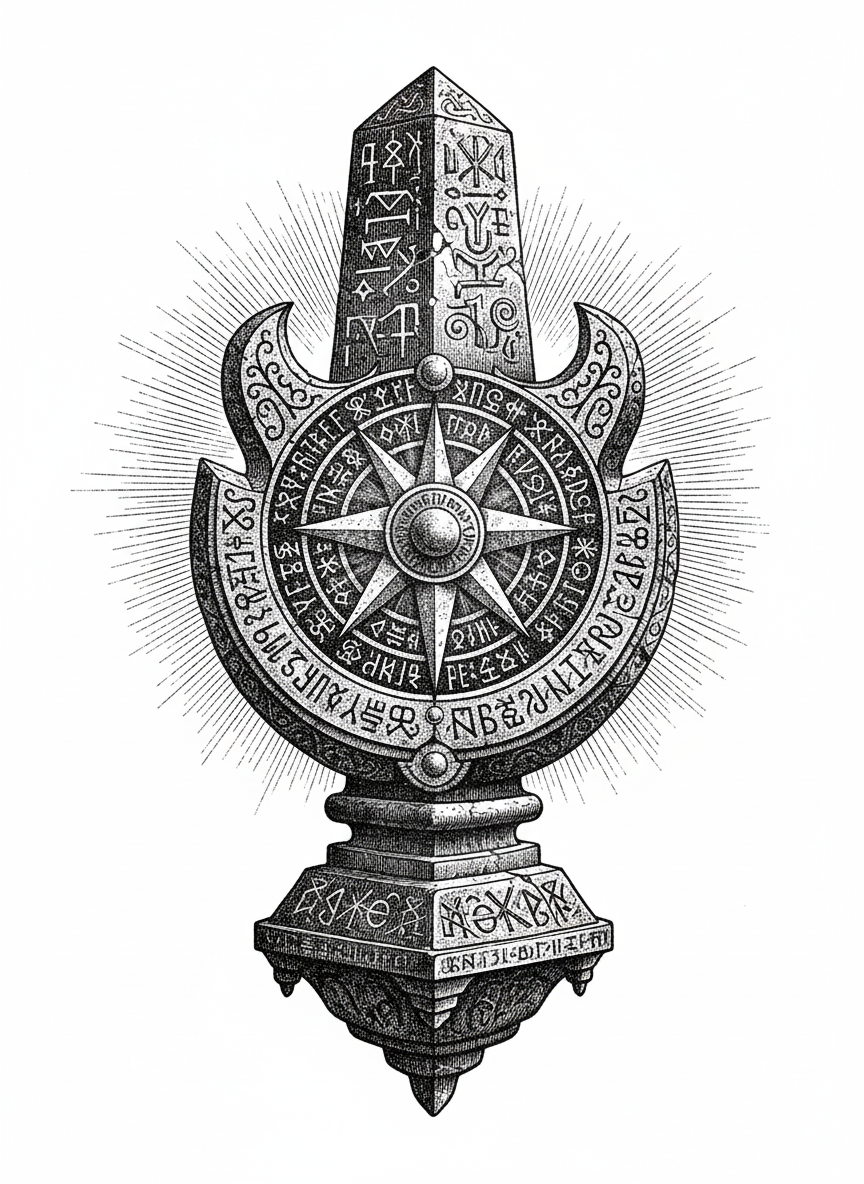 Mysterious Ancient Artifact - Black & White Illustration