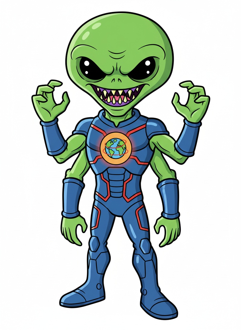 Invader the Villain Alien in Classic Coloring Book - Full Colored Illustration